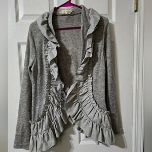 A'Reve Anthropologie Ruffled Open Front Cardigan, Wool Blend, Curved Hem, EUC!